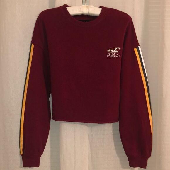 Hollister XS Burgundy Striped Sleeve Crop Crewneck Pullover Sweatshirt - Picture 1 of 9